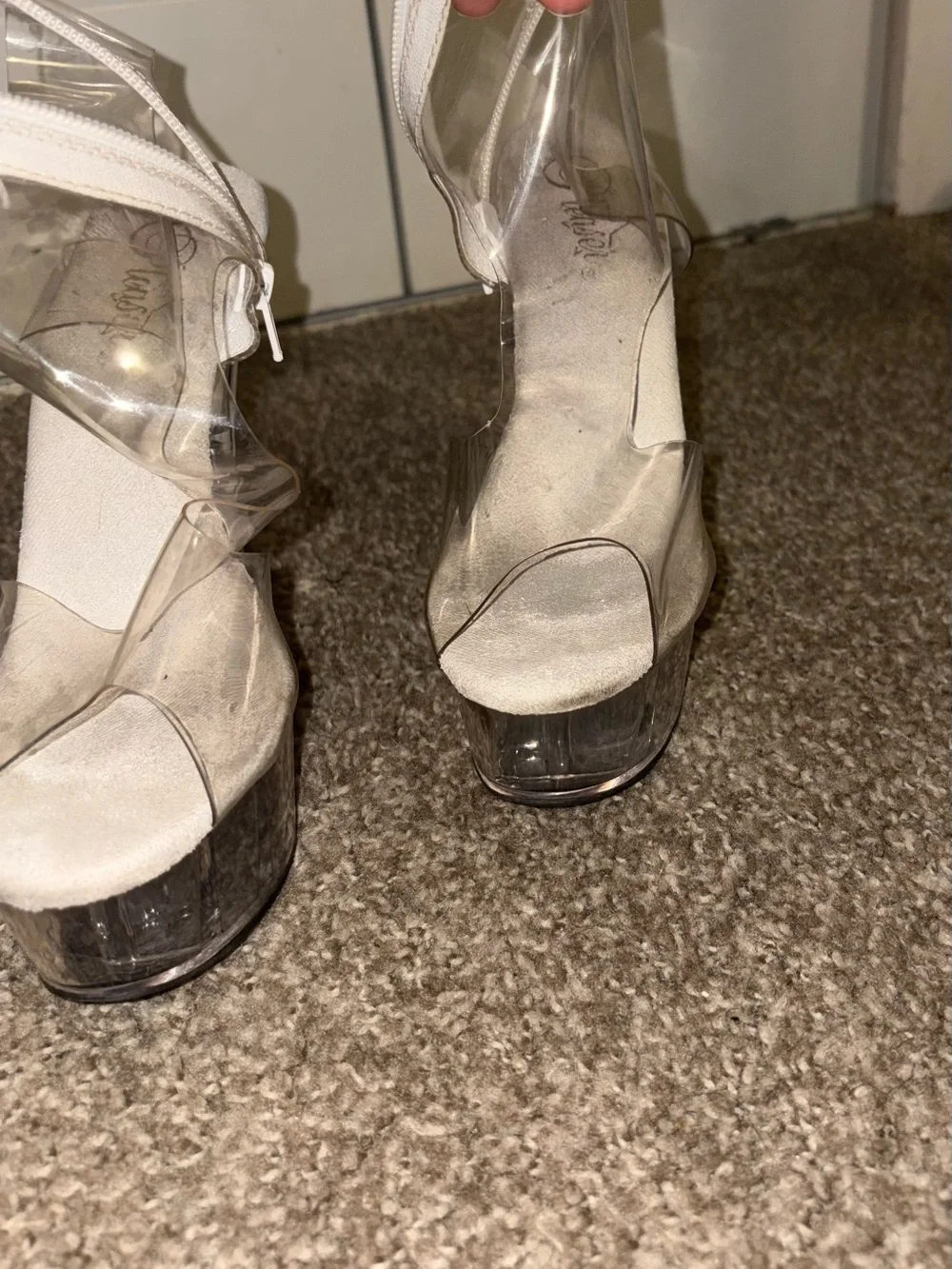 Pleaser Clear Platform Stiletto Sandals with Beige Insole